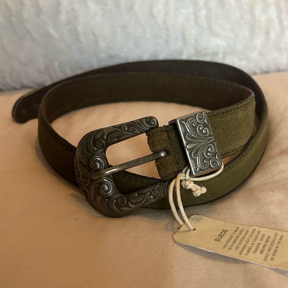 BNWT Green khaki suede leather belt with ornate silver buckle size S